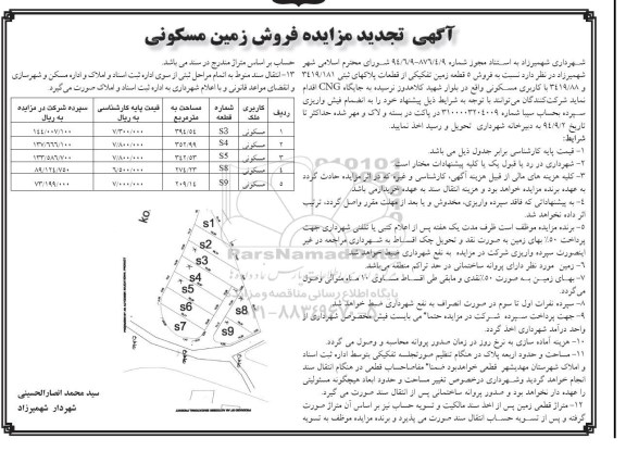 مزایده,تجدید فروش 5 قطعه زمین تفکیکی از قطعات پلاکهای ثبتی 