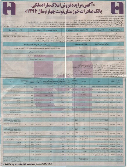 مزایده,فروش املاک مازاد ملکی بانک صادرات خوزستان نوبت چهارم سال 1394