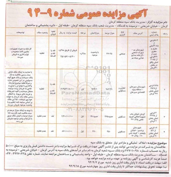 مزایده,املاک تملیکی و مازاد برنیاز متعلق به بانک سپه شماره 94-9