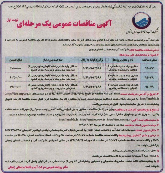 مناقصات عمومی , مناقصات عمومی حفاری چاه های جدید با دستگاه روتاری 94.9.7