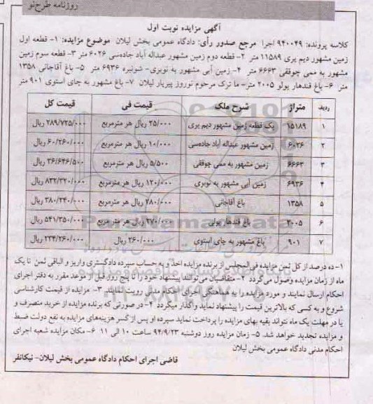 مزایده,هفت قطعه ملک زمین و باغ نوبت اول کلاسه 940049