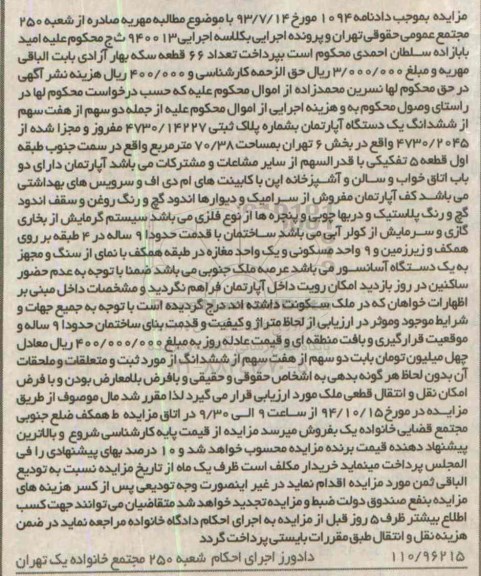 مزایده,دادنامه 1094 اپارتمان سمت جنوب طبقه اول قطعه 5 با قدرالسهم 