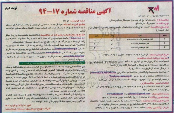 آگهی مناقصه , مناقصه خرید انواع کابل خودنگهدار...نوبت دوم 