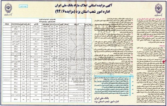 مزایده,مزایده استانی املاک مازاد بانک ملی ایران 94.6 نوبت دوم 