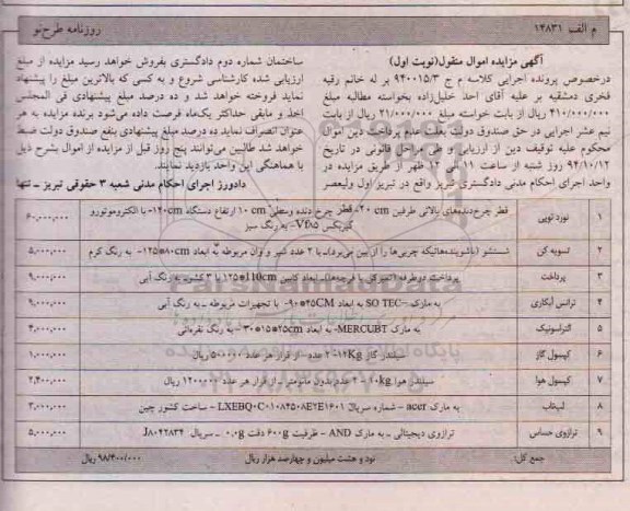 مزایده,مزایده فروش تسویه کن، ترانس آبیکاری، کپسور گاز، لپ تاپ، ترازوی حساس