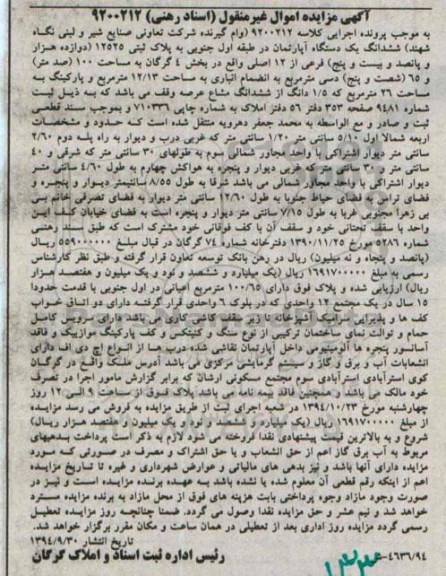 مزایده,مزایده اسناد رهنی 9200212 ششدانگ اپارتمان طبقه اول جنوبی بخش 4 گرگان مساحت 100متر