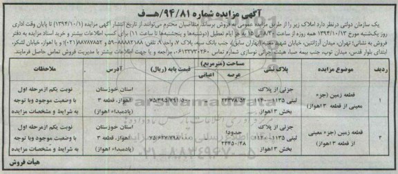 مزایده,مزایده شماره 94.81 فروش املاک دو قطعه زمین در استان خوزستان 