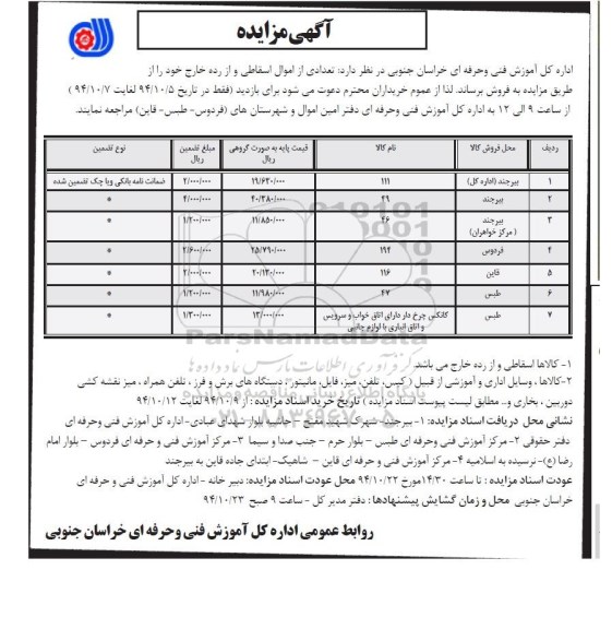 مزایده, مزایده  تعدادی از اموال اسقاطی و از رده خارج