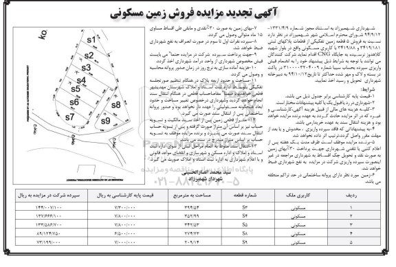 مزایده,فروش 5 قطعه زمین تفکیکی از قطعات پلاکهای ثبتی تجدید