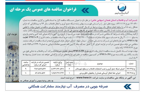 فراخوان مناقصه های عمومی یک مرحله ای,فراخوان اجرای شبکه جمع آوری و نصب انشعابات فاضلاب و اجرای خط انتقال آبرسانی