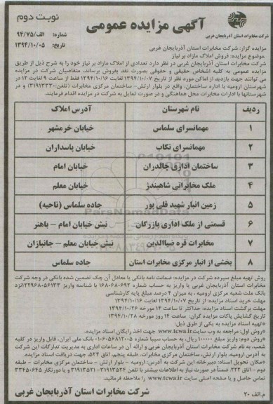 مزایده,مزایده عمومی فروش املاک مازاد بر نیاز نوبت دوم 