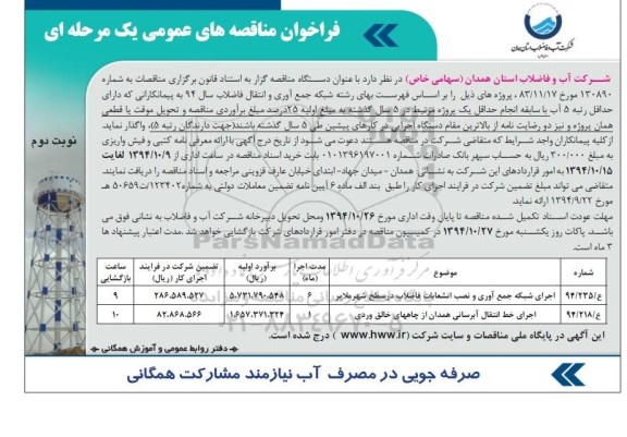 فراخوان مناقصه های عمومی یک مرحله ای , فراخوان مناقصه اجرای شبکه جمع آوری و نصب انشعابات فاضلاب و اجرای خط انتقال آبرسانی.. نوبت دوم