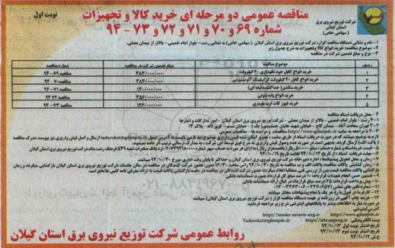 مناقصه عمومی دو مرحله ای,مناقصه عمومی خرید انواع کابل خودنگهداری 20 کیلوولت و...