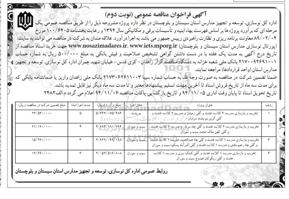 آگهی فراخوان مناقصه عمومی, مناقصه تخریب و بازسازی مدرسه 2 کلاسه خشت و گلی زمینان نوبت دوم 