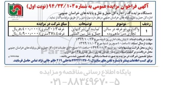 آگهی فراخوان مزایده عمومی , فراخوان مزایده واگذاری دو غرفه در سالن تجاری مرز 