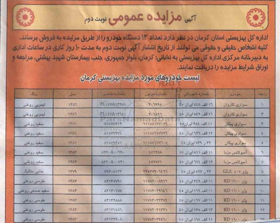 آگهی مزایده عمومی , مزایده فروش تعداد 13 دستگاه خودرو 