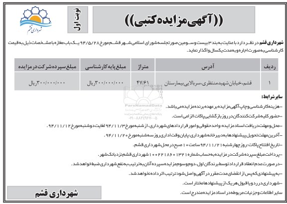 مزایده , مزایده واگذاری یک باب مغازه