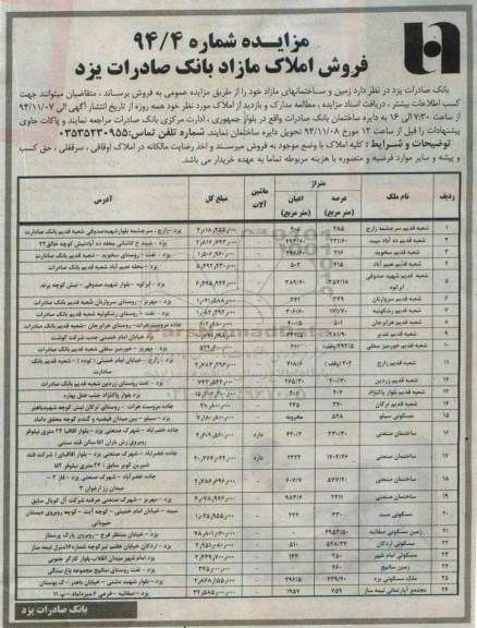 مزایده,مزایده زمین و ساختمانهای مازاد شماره 94/4