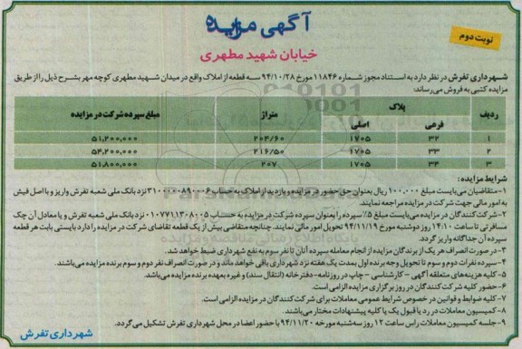 مزایده,مزایده کتبی فروش سه قطعه از املاک واقع در میدان مطهری کوچه مهر نوبت دوم 