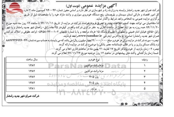 آگهی مزایده عمومی , مزایده فروش پنج دستگاه خودروی سواری و وانت مازاد 