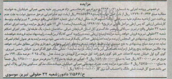 مزایده,مزایده شماره 32940071 سرقفلی از پلاک ثبتی  واقع در خیابان تبریزی