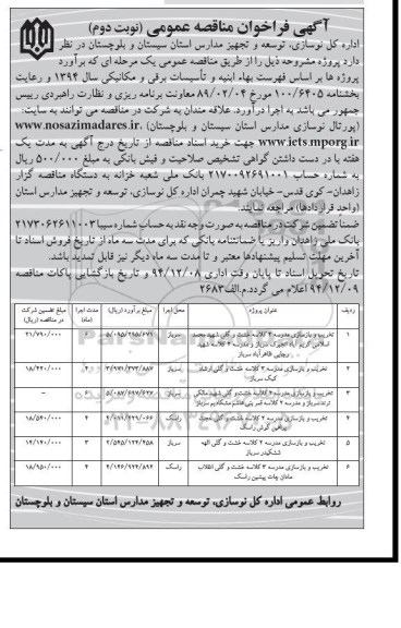 آگهی فراخوان مناقصه عمومی , فراخوان مناقصه تخریب و بازسازی مدرسه 2 کلاسه خشت و گلی شهید محمد اسلامی... نوبت دوم 