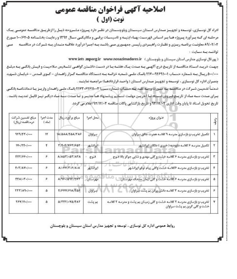 اصلاحیه مناقصه , فراخوان مناقصه تکمیل تخریب و بازسازی مدرسه 9 کلاسه -اصلاحیه