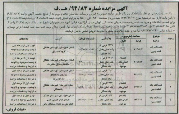 مزایده,مزایده فروش املاک در استان خوزستان شهرستان هفتگل