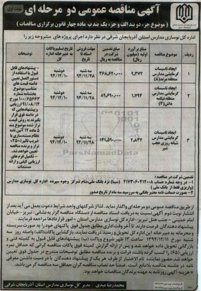 مناقصه , مناقصه ایجاد تاسیسات گرمایشی مدارس  نوبت اول 