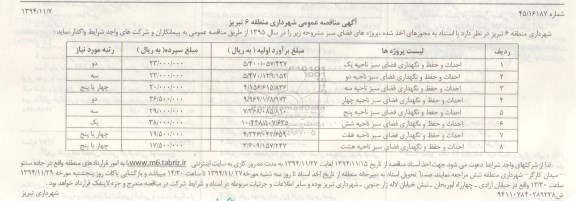 مناقصه عمومی, مناقصه احداث و حفظ و نگهداری فضای سبز 94.11.15