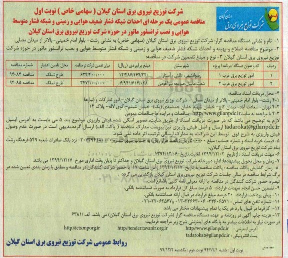 مناقصه عمومی یک مرحله ای, مناقصه اصلاح و بهینه احداث شبکه فشار ضعیف هوایی و زمینی و شبکه فشار متوسط هوائی و نصب ترانسفورماتور...- نوبت اول 