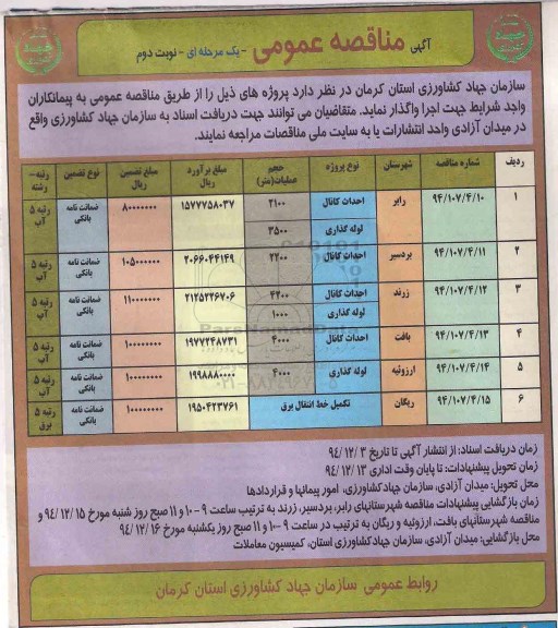 مناقصه عمومی , مناقصه عمومی احداث کانال و لوله گذاری- نوبت دوم 