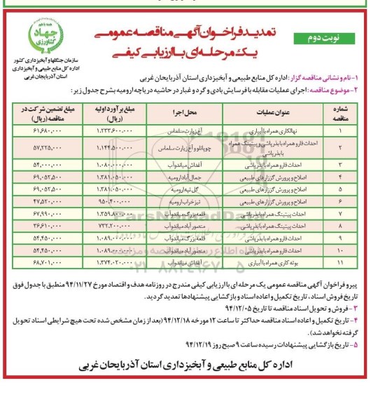 فراخوان تمدید  , فراخوان تمدید اجرای عملیات مقابله با فرساش بادی و گرد و غبار در حاشیه دریاچه  نوبت دوم