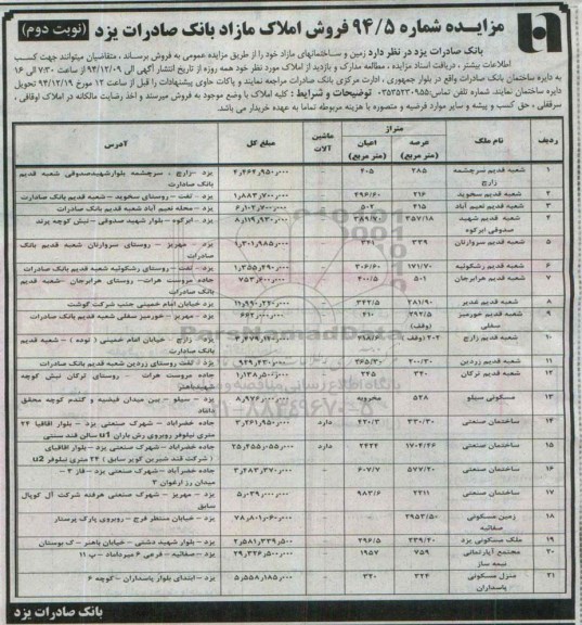 مزایده,مزایده زمین و ساختمانهای مازاد شماره 94/5 نوبت دوم