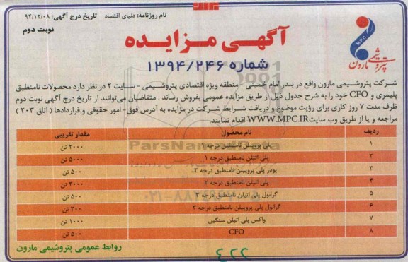 آگهی مزایده,مزایده محصولات نامنطبق پلیمری و CFO  ..-نوبت دوم