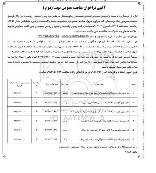 آگهی فراخوان مناقصه عمومی , فراخوان مناقصه تخریب و بازسازی مدرسه 6 کلاسه خشت و گلی