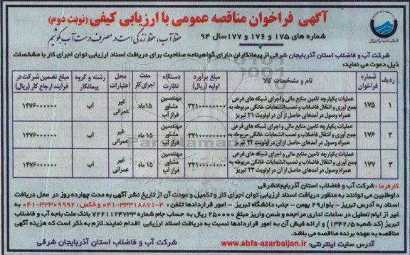 آگهی فراخوان مناقصه عمومی با ارزیابی کیفی , فراخوان مناقصه عملیات یکپارچه تامین منابع مالی و اجرای شبکه های فرعی جمع آوری و انتقال فاضلاب نوبت دوم 