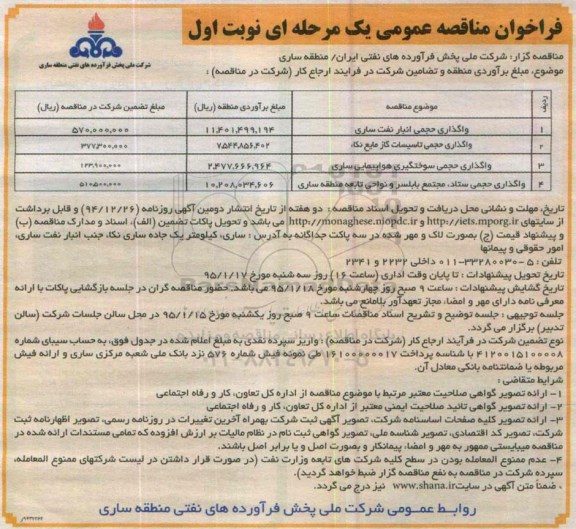 فراخوان مناقصه عمومی یک مرحله ای , مناقصه واگذاری حجمی انبار نفت و ... 94.12.24 نوبت اول 