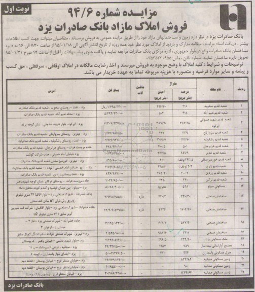 مزایده,مزایده زمین و ساختمانهای مازاد نوبت اول 