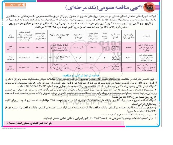 مناقصه,مناقصه احداث شبکه داخلی گاز شهرک صنعتی بوعلی 2 و ... نوبت دوم 