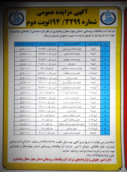 مزایده  انواع اتصالات پلی اتیلن  ...نوبت دوم  94.12.26