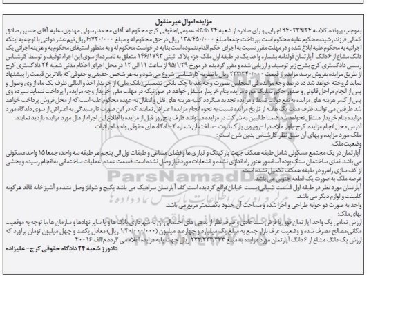 مزایده,مزایده اپارتمان در یک مجتمع مسکونی شامل طبقه همکف جهت پارکینگ 