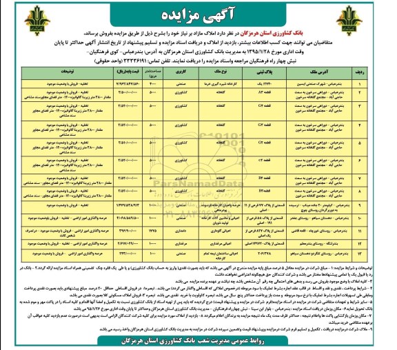 مزایده,مزایده فروش املاک مازاد بر نیاز کاربری صنعتی کشاورزی دامداری مرغداری 