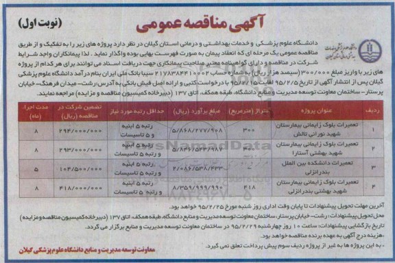 آگهی مناقصه عمومی , مناقصه تعمیرات بلوک زایمانی بیمارستان شهید نورانی تالش و...