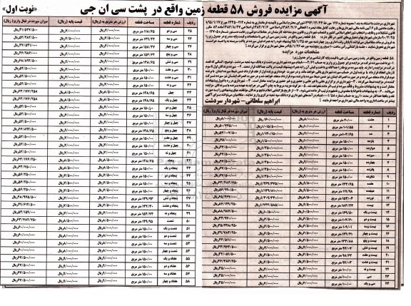 مزایده,مزایده فروش 58 قطعه زمین واقع در پشت سی ان جی 