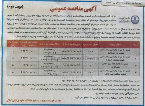 آگهی مناقصه عمومی , مناقصه تعمیرات بلوک زایمانی بیمارستان شهید نورانی تالش و...نوبت دوم