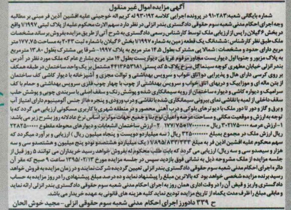 مزایده,مزایده سهم الارث محکوم علیه از پلاک ثبتی 1.1997 بخش شش گیلان 