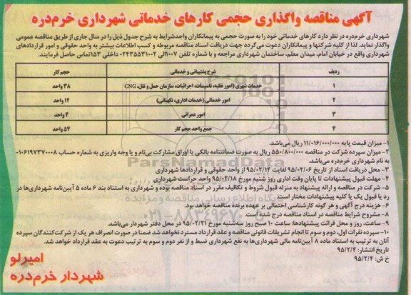 آگهی مناقصه,مناقصه  واگذاری حجمی کارهای خدماتی شهرداری