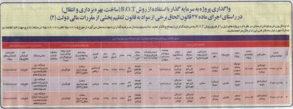 مناقصه , مناقصه واگذاری پروژه به سرمایه گذار با استفاده از روش BOT (ساخت ، بهره برداری و انتقال) 