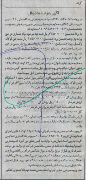 مزایده,مزایده یکباب ساختمان مسکونی عرصه 167.15متر کلاسه 930183 الف م 